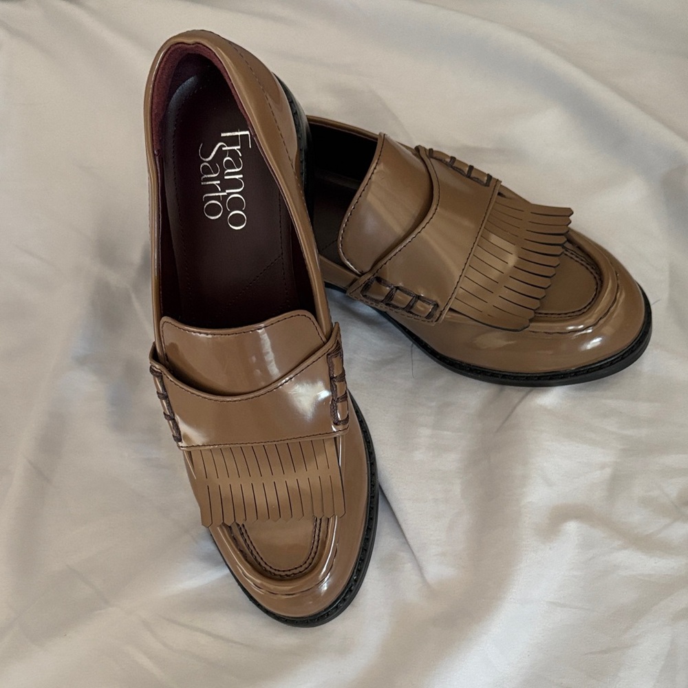 Franco Sarto Brown Tan Patent Leather Kiltie Loafers